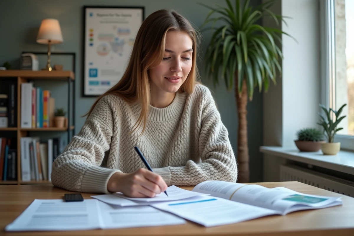 Jeune femme étudiante examine des brochures universitaires