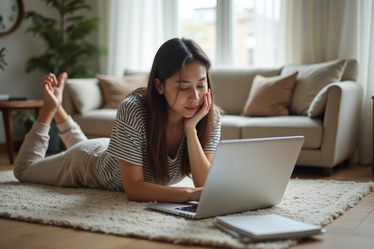 Jeune femme lisant des articles de tendances web sur son ordinateur portable allongée dans son salon cosy