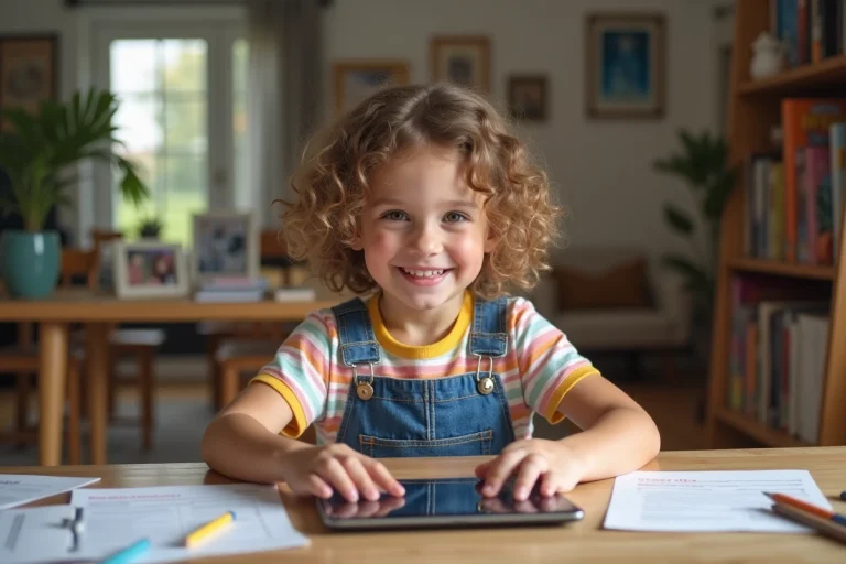 Jeune fille souriante utilisant une tablette dans un espace cosy
