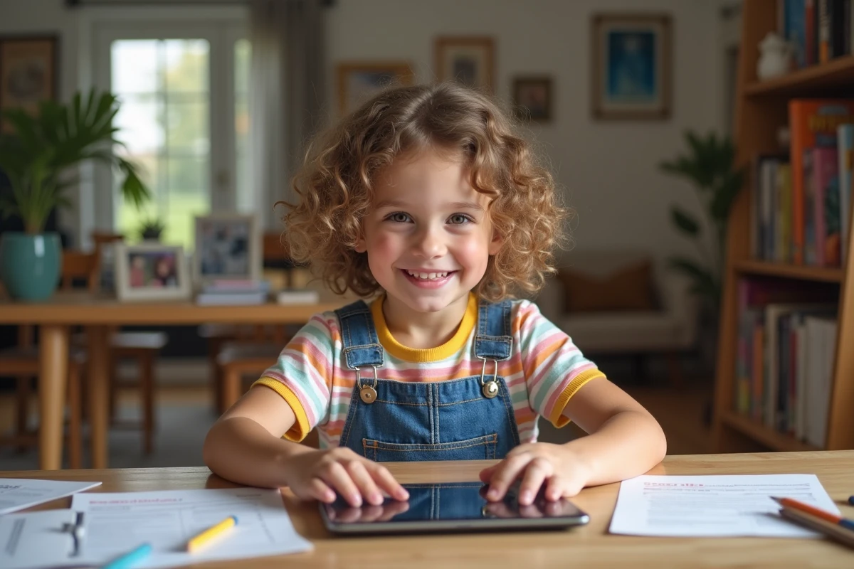 Jeune fille souriante utilisant une tablette dans un espace cosy