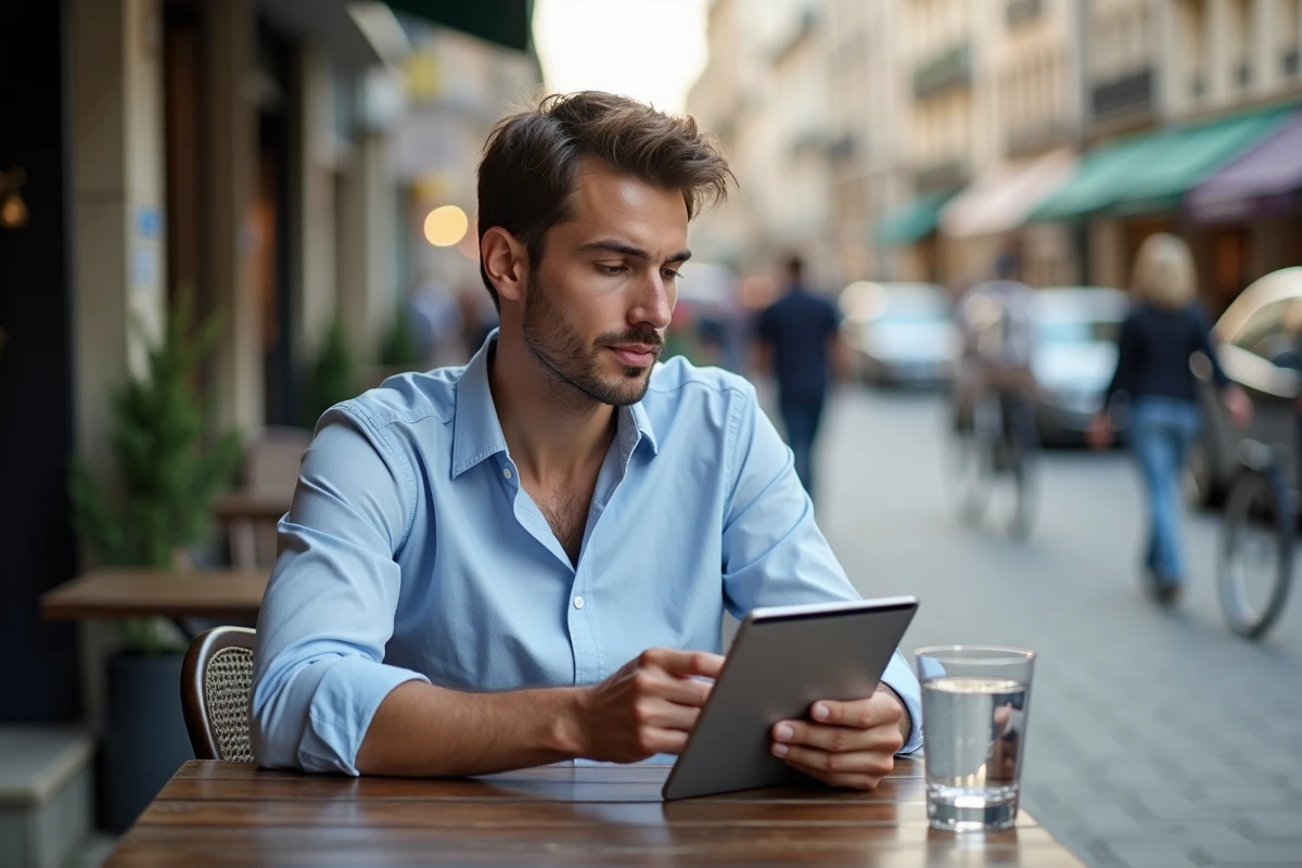 Jeune homme utilisant une application financière en extérieur