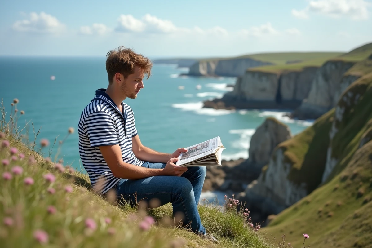 Jeune homme regardant la mer sur une falaise bretonne