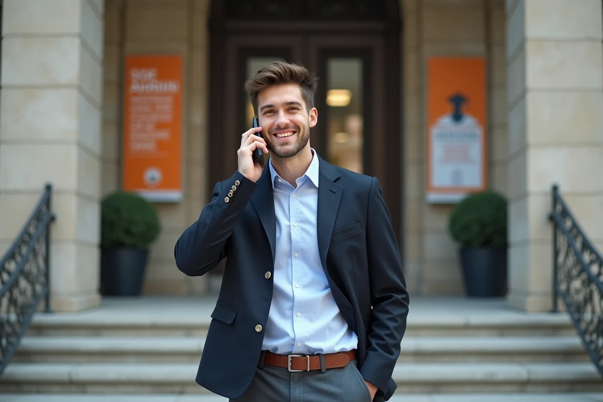 Jeune homme souriant au téléphone devant l