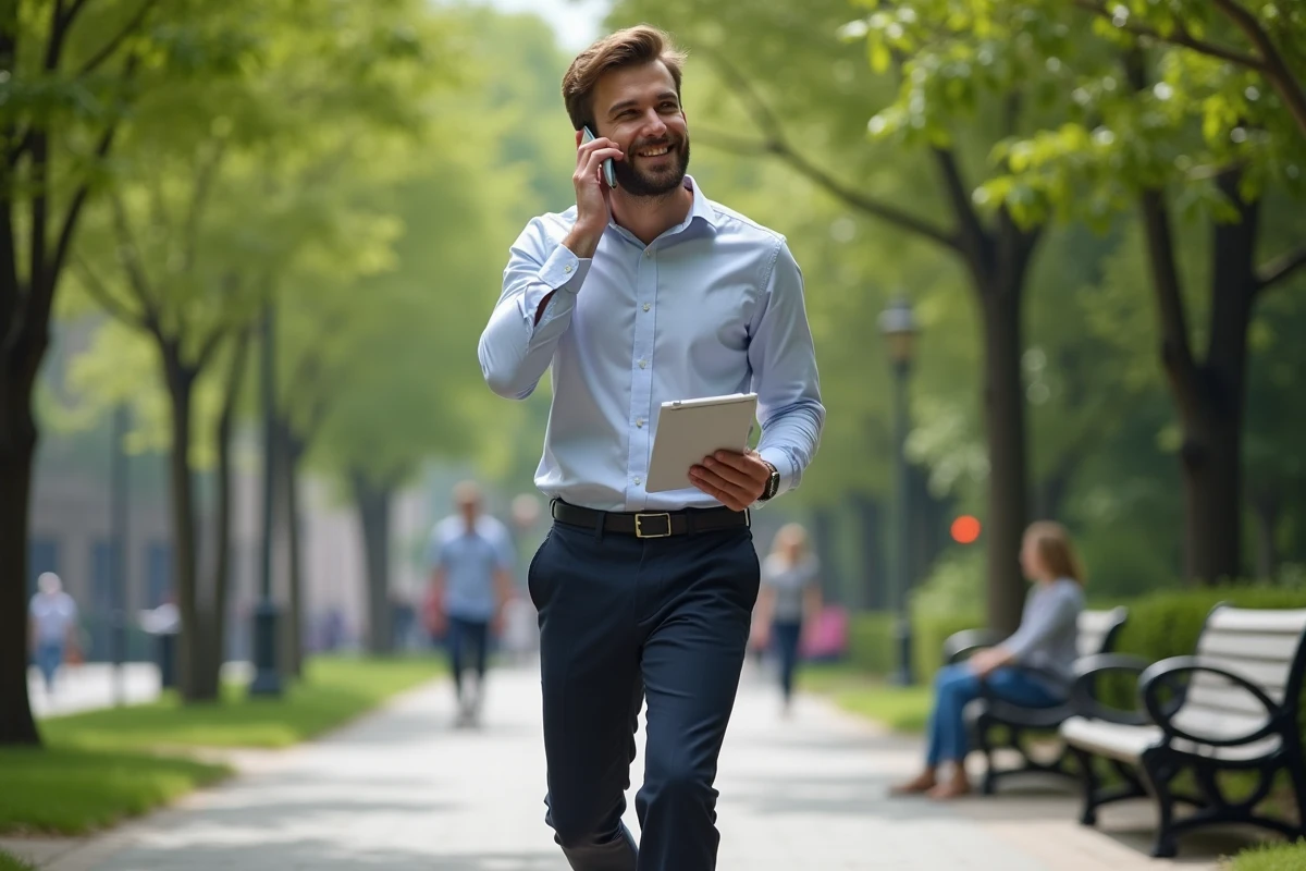 Jeune homme marche dans un parc urbain en parlant au téléphone