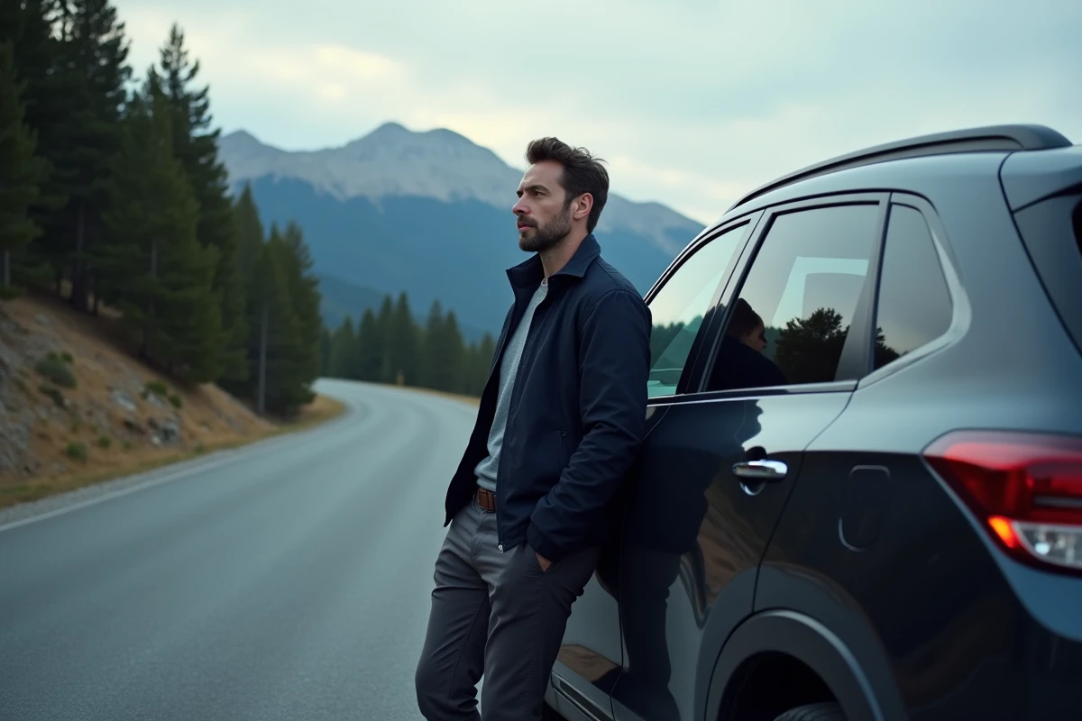 Journaliste automobile appuyé contre un SUV hybride dernière génération sur une route de montagne isolée au crépuscule