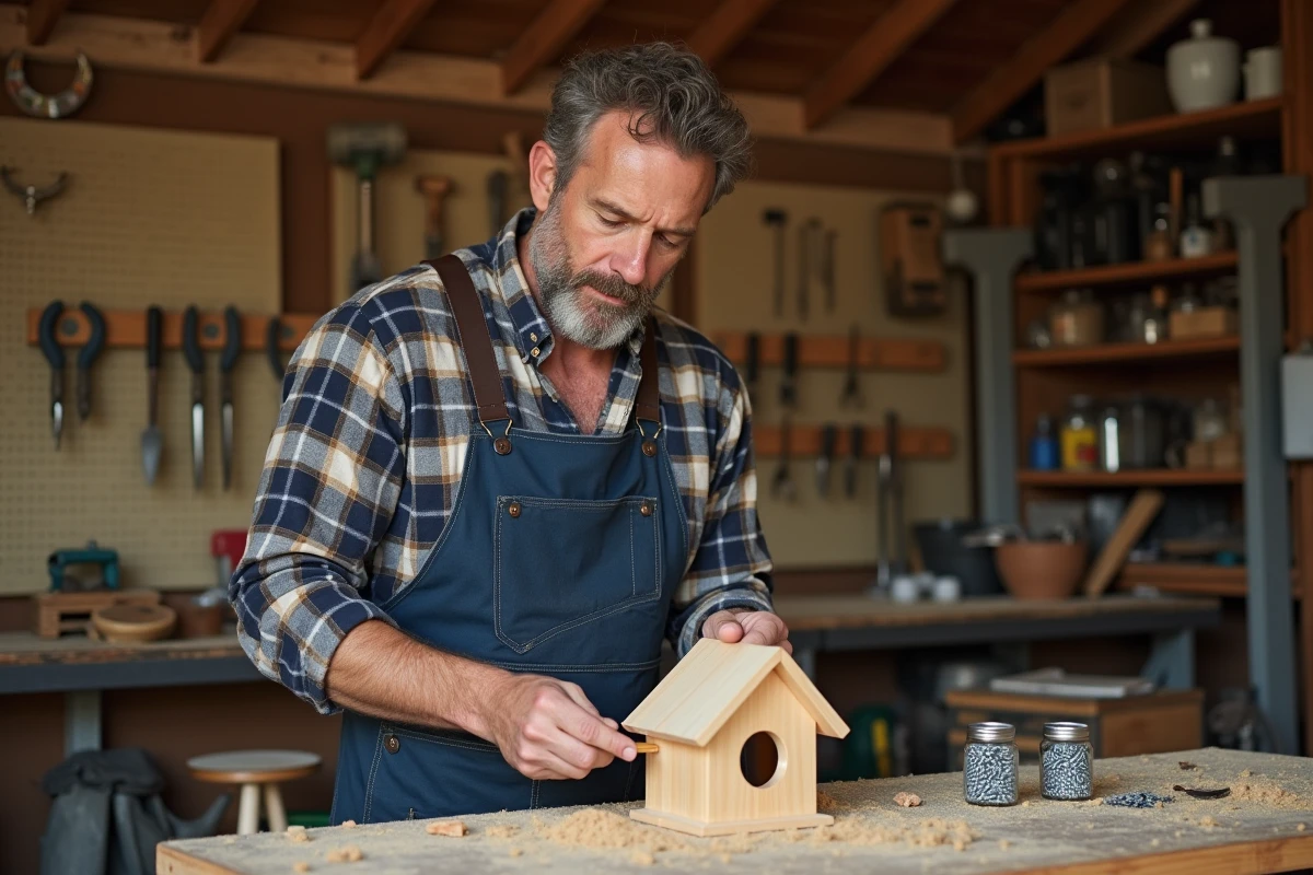 Homme assemblant une cabane à oiseaux en bois dans son atelier de bricolage, illustrant les loisirs manuels et créatifs à la maison