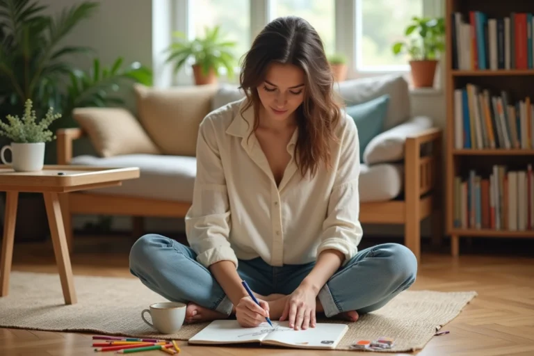 Femme dessinant dans un carnet artistique sur le sol de son salon, entourée de crayons de couleur, illustrant les loisirs créatifs au quotidien