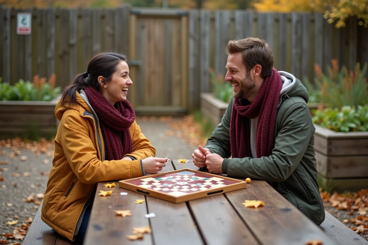 Deux amis jouant à un jeu de société en plein air dans un jardin partagé en automne, illustrant les loisirs conviviaux et originaux au quotidien