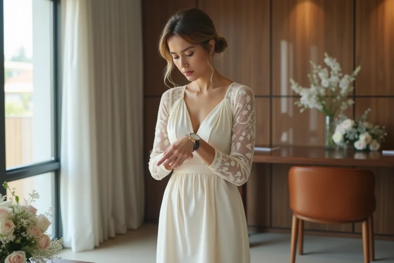 Mariée nerveuse dans une robe crème vérifiant sa montre