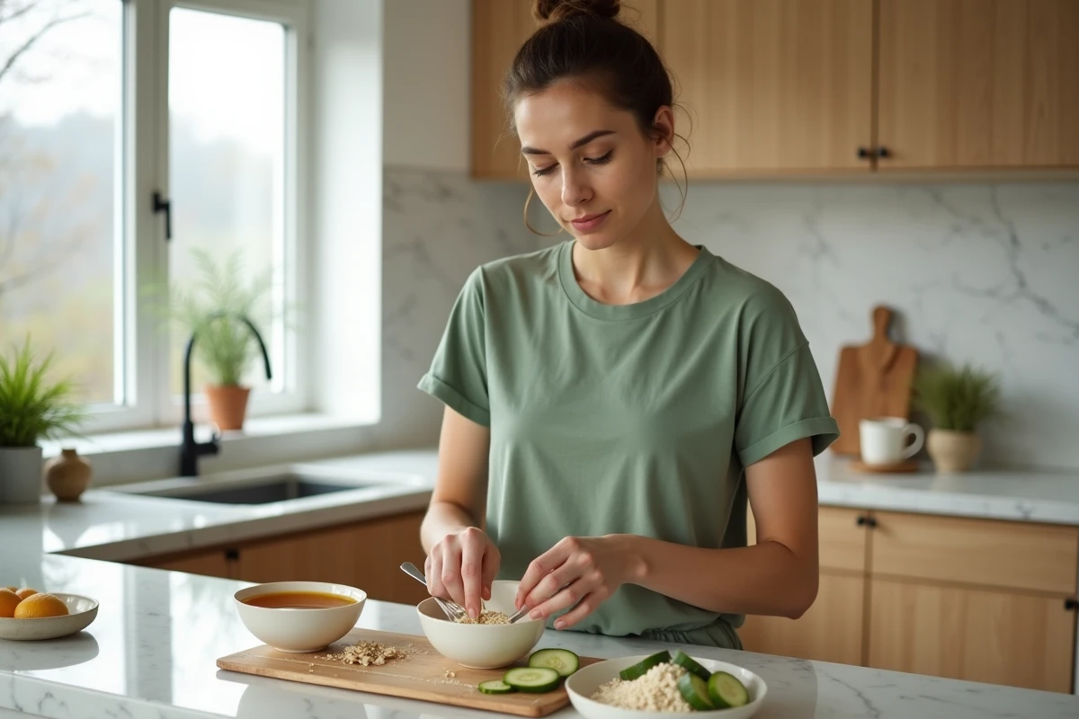 Femme préparant un masque visage naturel avec des ingrédients frais dans une cuisine scandinave