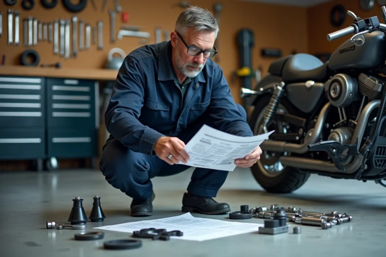 Mécanicien professionnel examinant un kit de transformation moto en trike dans un atelier privé bien équipé