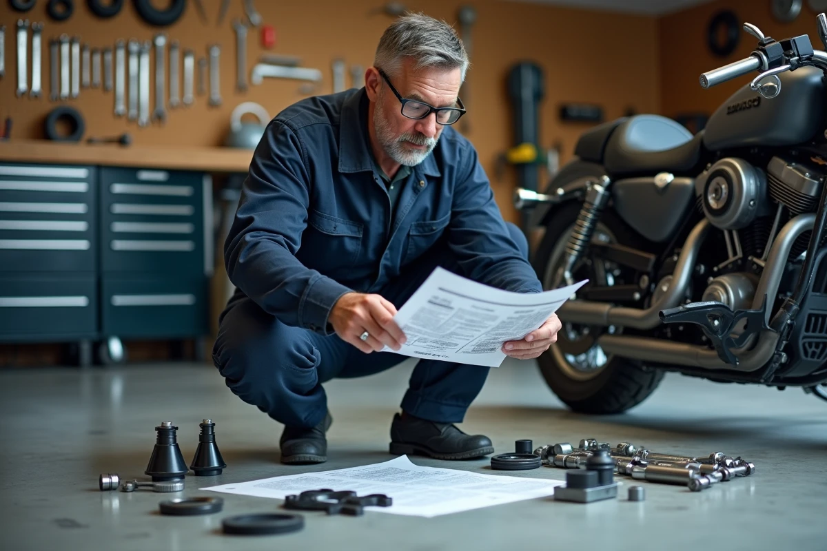 Mécanicien professionnel examinant un kit de transformation moto en trike dans un atelier privé bien équipé