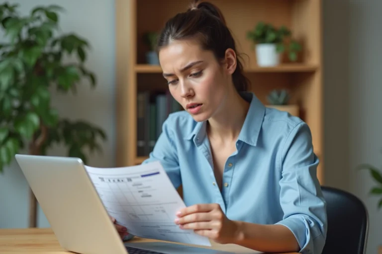 Femme consultant un billet EasyJet imprimé tout en modifiant ses informations sur un ordinateur portable à domicile