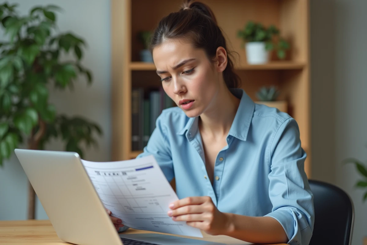 Femme consultant un billet EasyJet imprimé tout en modifiant ses informations sur un ordinateur portable à domicile