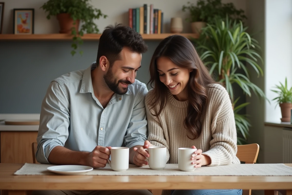 Couple partageant un café dans un appartement cosy
