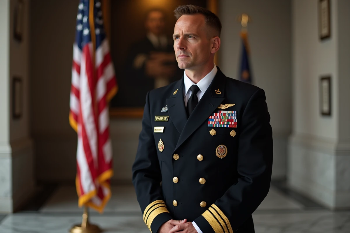 Officier de la marine américaine en uniforme devant un drapeau américain lors d'une cérémonie commémorative NCIS saison 17