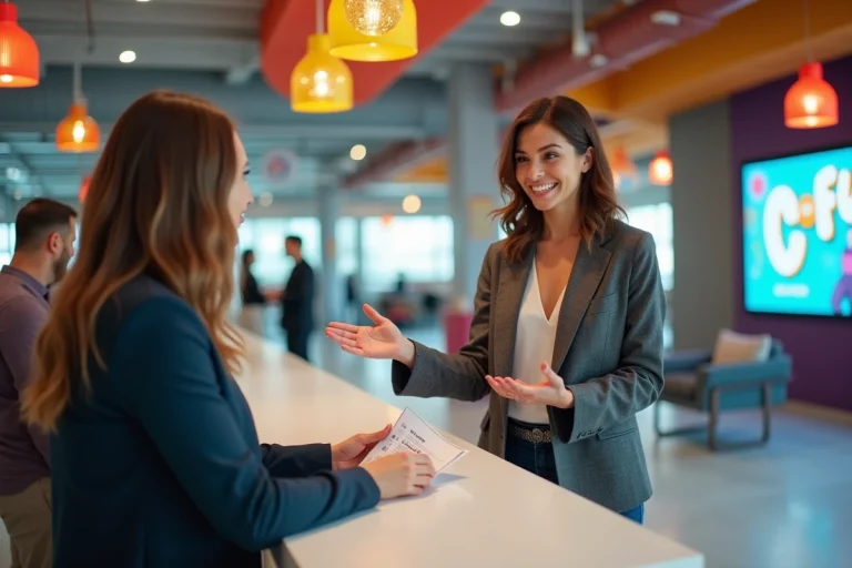 Femme d'affaires présentant une opportunité business dans un centre de loisirs C Fun