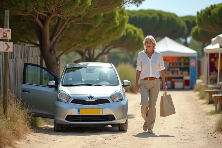 Femme sortant de sa voiture dans un parking gratuit près du marché de Fort Mahon en bord de côte