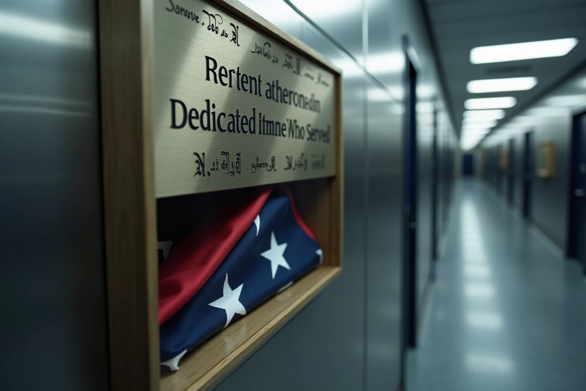 Plaque commémorative en métal brossé et drapeau américain encadré dans un couloir naval en hommage à Cody James Reedy NCIS