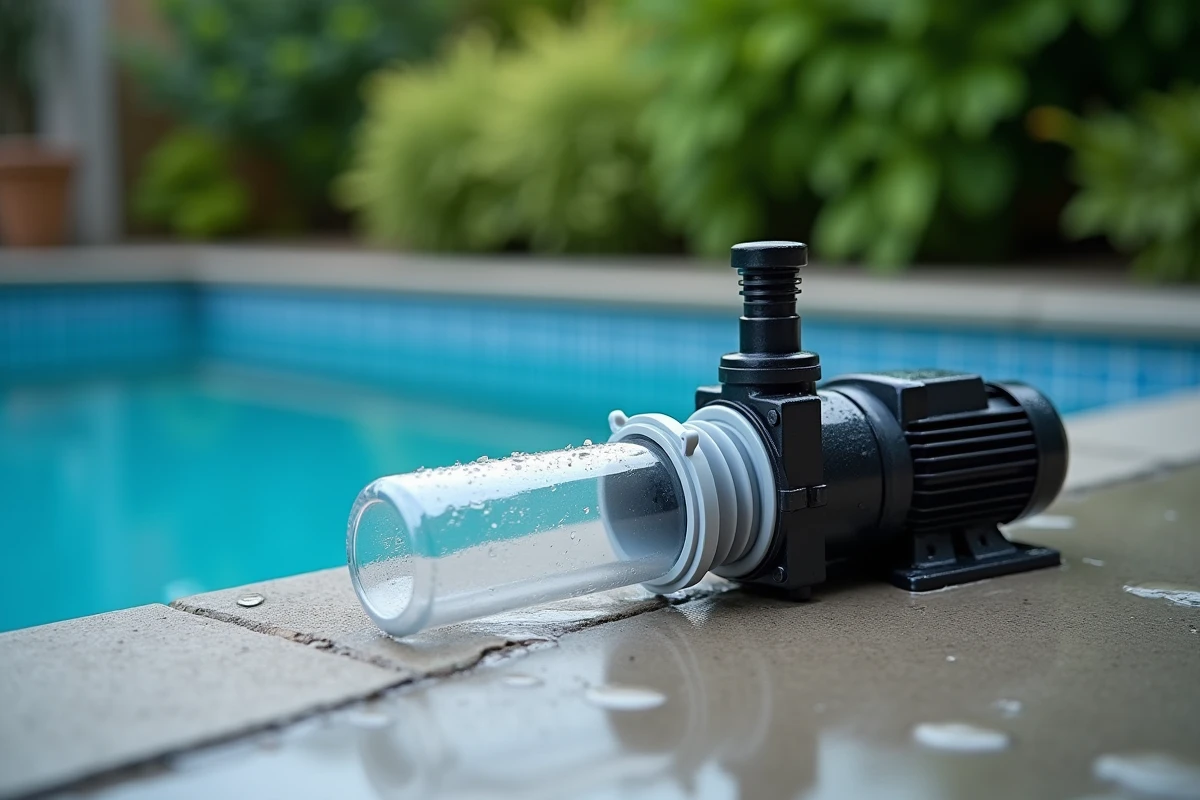 Pompe de piscine enterrée sans cartouche filtrante avec boîtier transparent retiré posé sur le béton