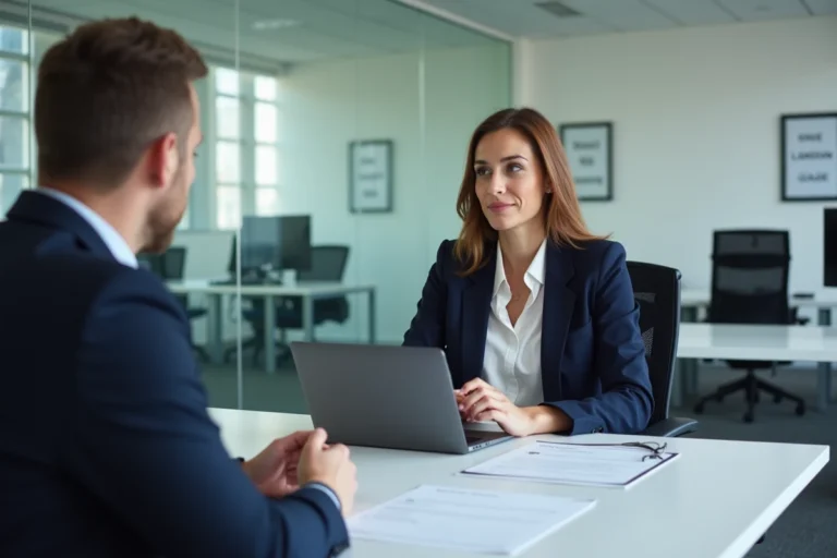 Femme lors de son premier rendez-vous Pôle Emploi Solerys face à un conseiller dans un bureau moderne