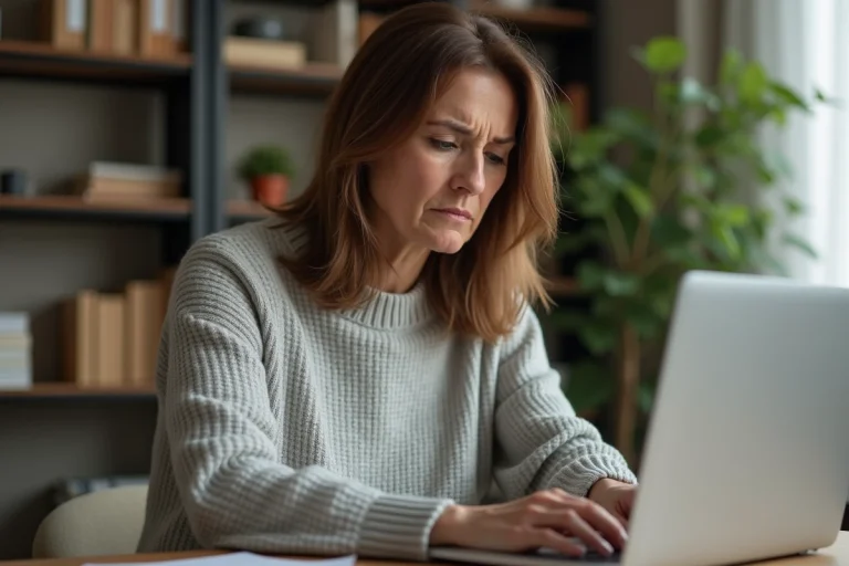 Femme devant son ordinateur portable avec un message d'erreur de connexion à son espace propriétaire ITEA