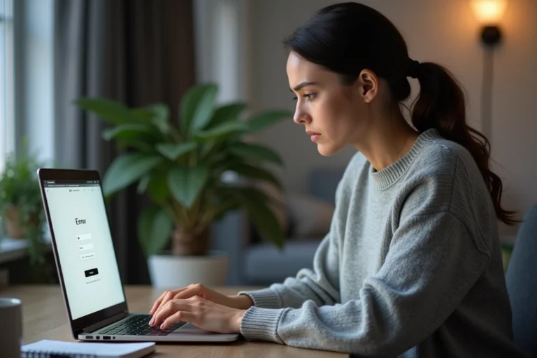 Femme frustrée devant un écran d'erreur de connexion sur son ordinateur portable dans un bureau à domicile
