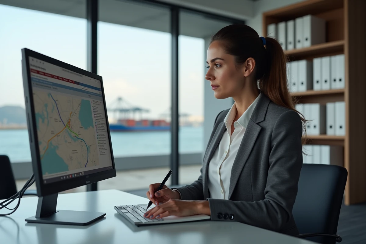 Femme professionnelle recherchant un transporteur portuaire fiable sur un logiciel de logistique maritime