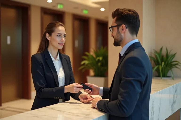 Une femme en blazer remet une carte de chambre d'hôtel à la réception pour inviter un visiteur
