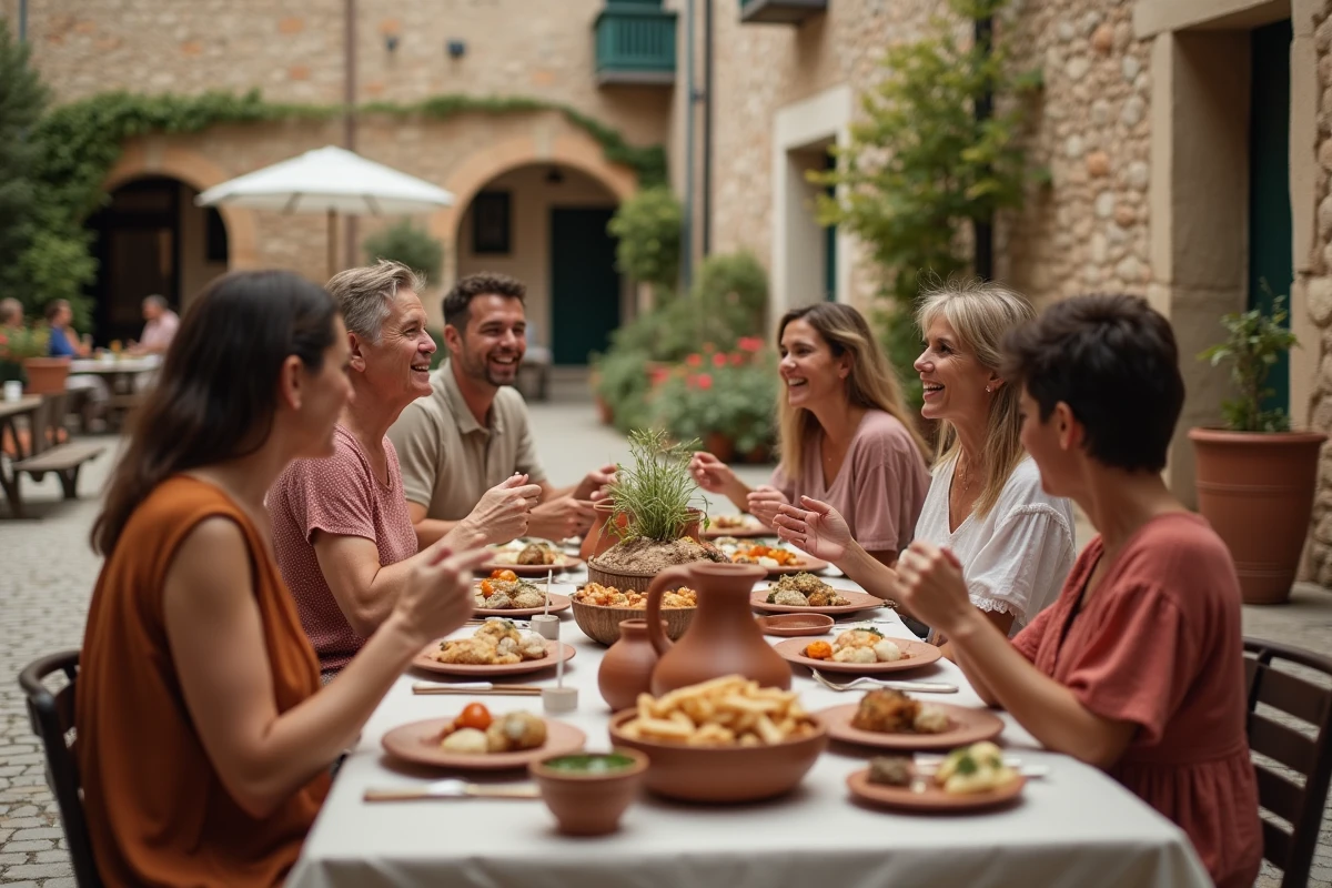 Groupe d'adultes partageant un repas communautaire traditionnel lors d'une fête de village méditerranéenne
