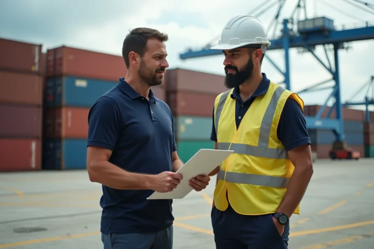 Responsable logistique discutant avec un transporteur portuaire sur un terminal à conteneurs