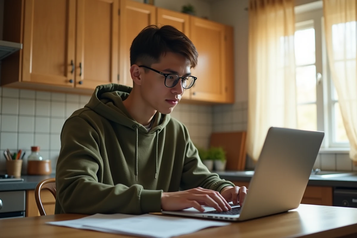 Jeune homme saisissant ses identifiants de connexion sur son espace locataire ou propriétaire ITEA depuis sa cuisine