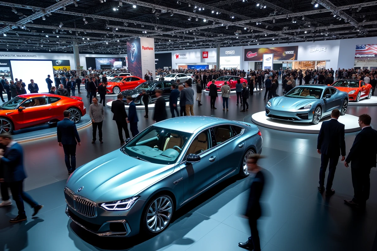 Visiteurs découvrant les dernières nouveautés automobiles lors d'un grand salon international de l'automobile aux nombreux stands