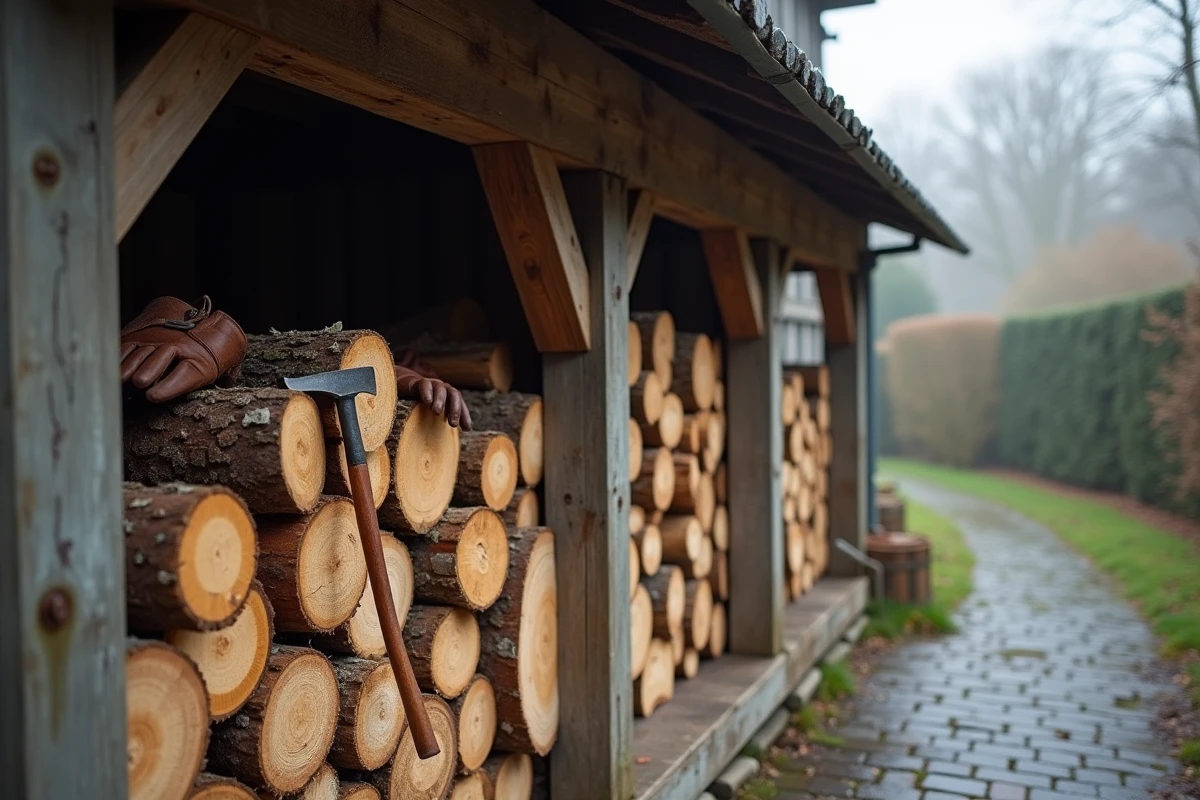 Réserve de bûches de hêtre empilées sous un abri de jardin normand à côté d'une maison à colombages près de Caen