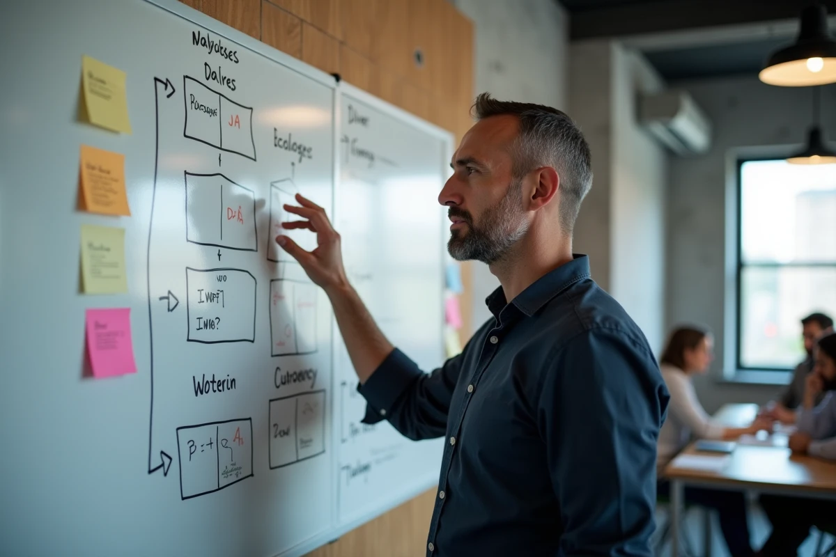 Professionnel du marketing digital présentant une stratégie SEO sur un tableau blanc dans un espace de co-working