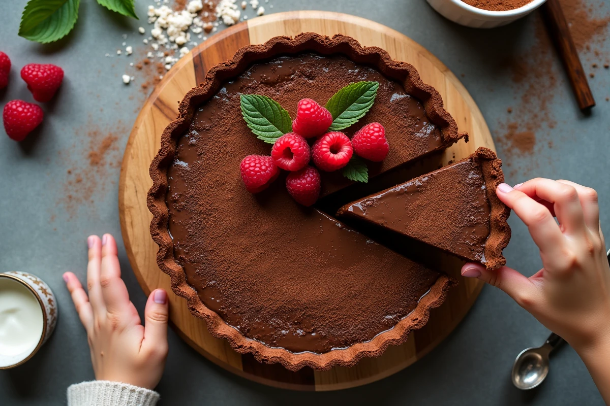 Tarte au chocolat maison garnie de framboises fraîches avec une main d'enfant qui se sert
