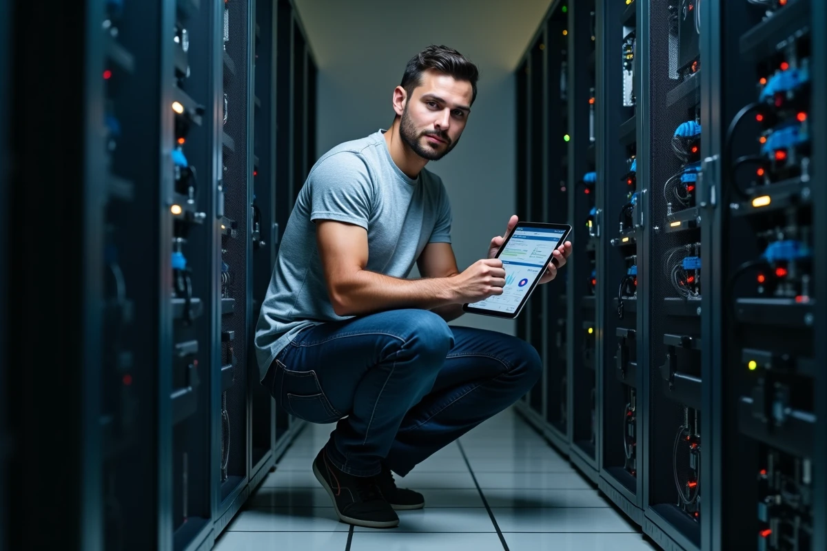 Technicien informatique consultant un tableau de bord réseau sur tablette dans une salle serveurs pour résoudre un problème de connexion