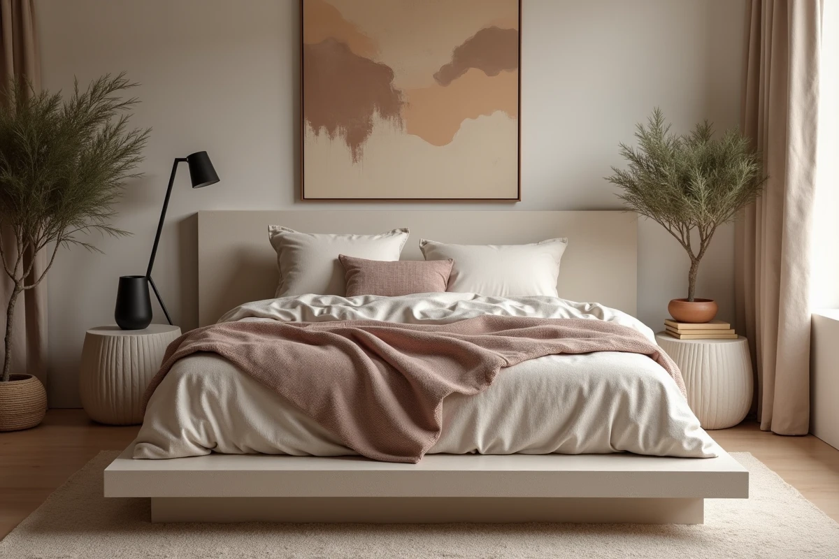 Chambre tendance 2024 avec lit plateforme en lin grège, poterie terracotta et mur en plâtre à la chaux pour une ambiance organique apaisante
