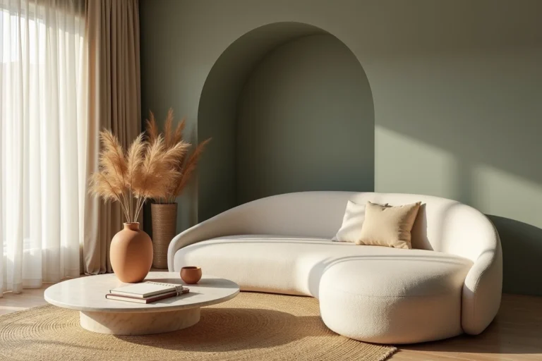 Salon contemporain décoré selon les tendances 2024 avec canapé bouclé crème, vase en céramique terracotta et table basse en travertin