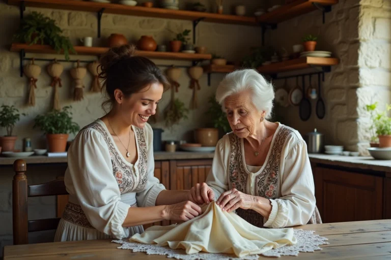 Femme âgée transmettant une tradition culturelle à une jeune femme dans une ferme rustique française avec objets artisanaux