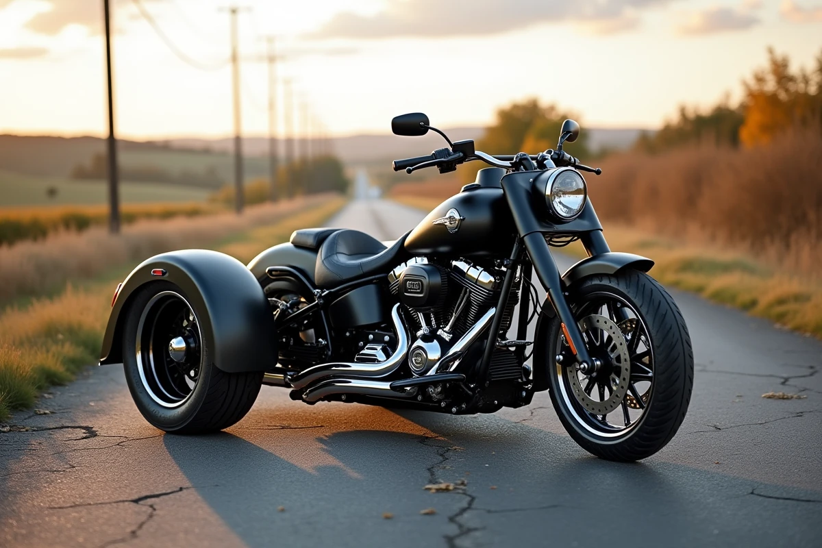 Trike custom résultant d'une conversion de moto avec kit de transformation, photographié sur route rurale