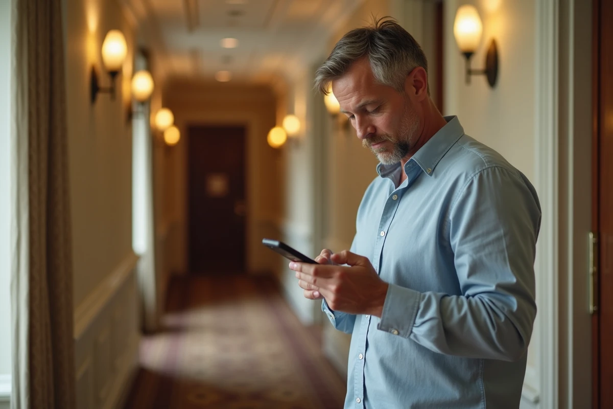 Un homme consulte son téléphone dans un couloir d'hôtel devant la porte de sa chambre