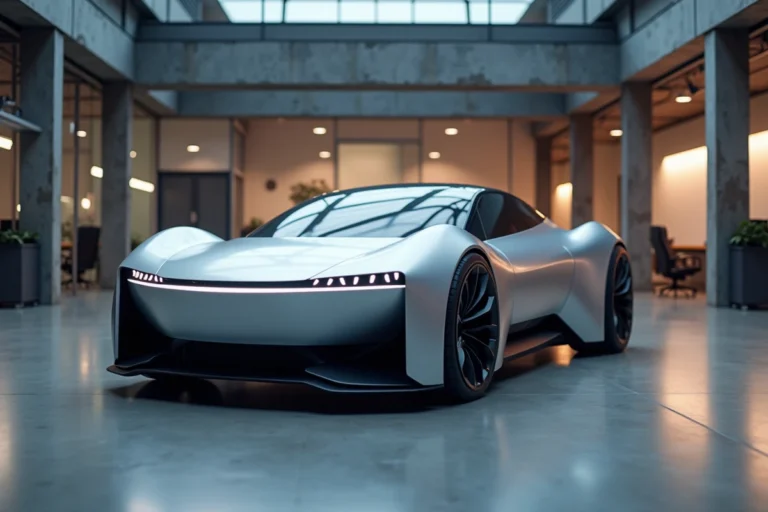 Voiture électrique concept moderne exposée dans un studio de design automobile contemporain aux lignes aérodynamiques épurées